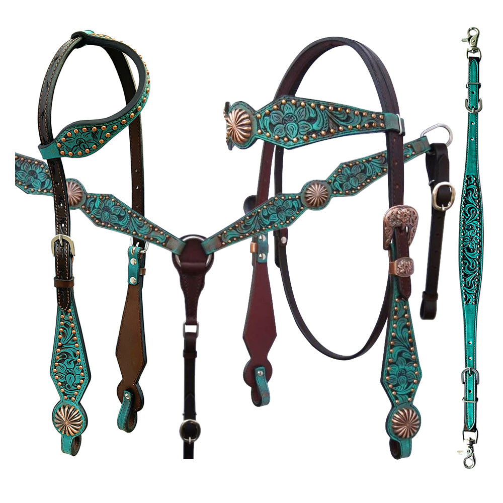 Bar H Equine American Leather Horse Saddle Tack One Ear Headstall Breast Collar Browband Wither Strap Spotted Pinwheel