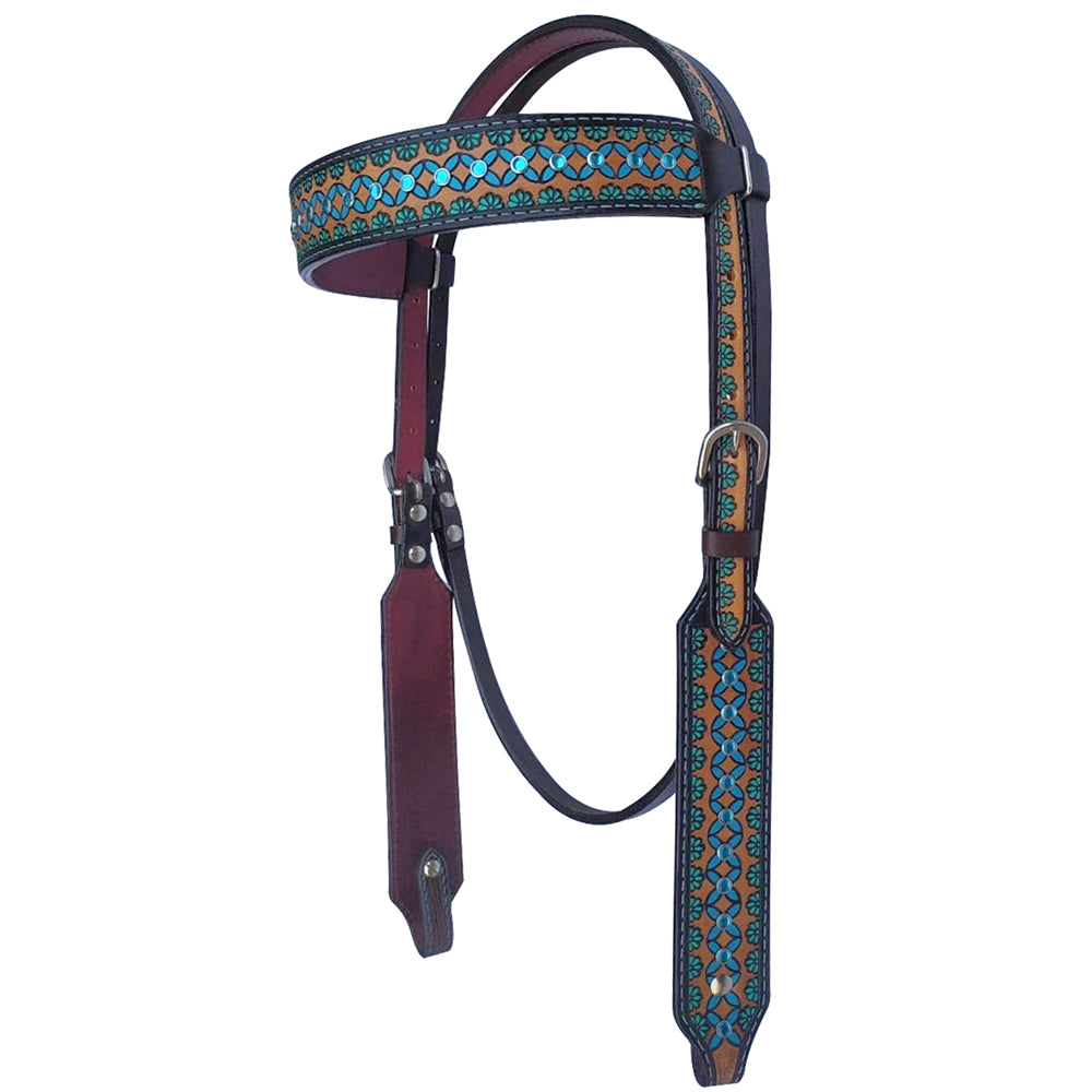 Bar H Equine American Leather Horse Saddle Tack One Ear Headstall Breast Collar Browband Wither Strap Turquoise Symmetry