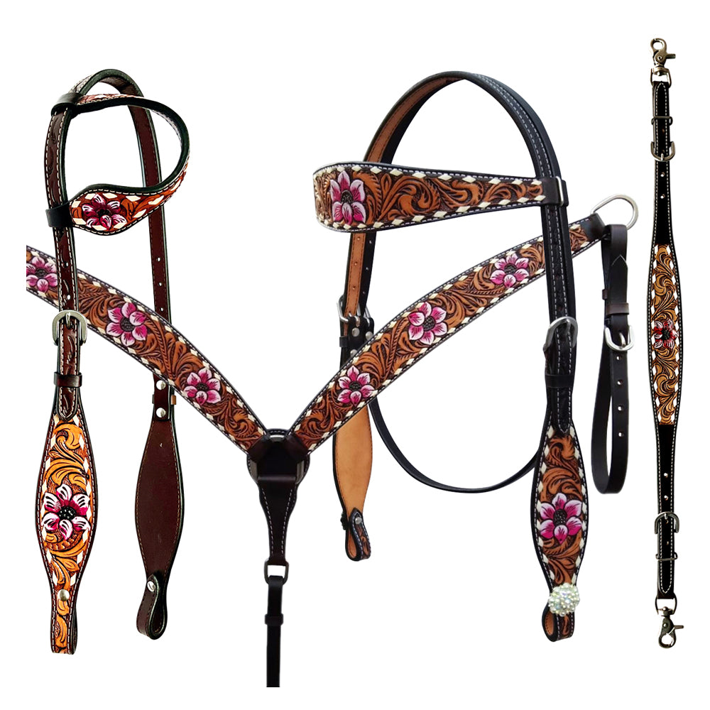 Bar H Equine American Leather Horse Saddle Tack One Ear Headstall Breast Collar Browband Wither Strap Tropical Chaya