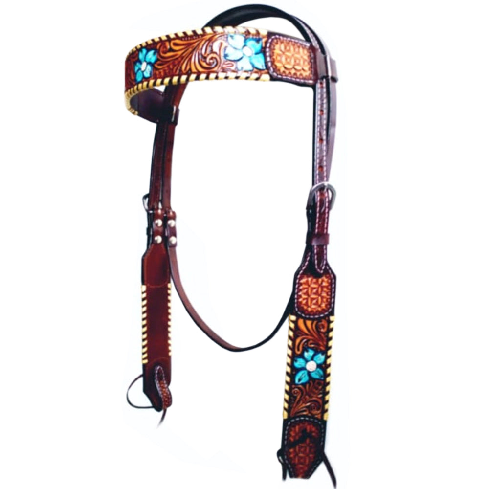 Bar H Equine American Leather Horse Saddle Tack One Ear Headstall Breast Collar Browband Wither Strap Turquoise Bloom BER111