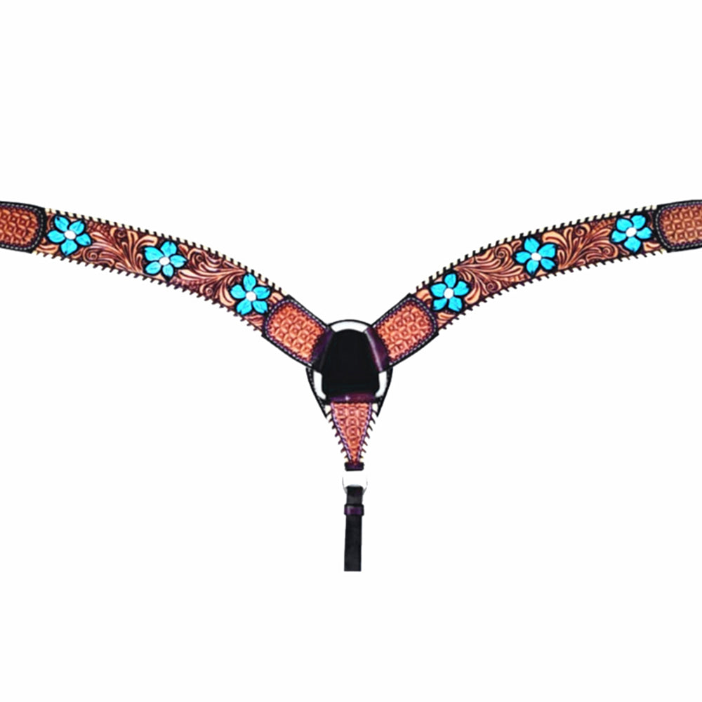 Bar H Equine American Leather Horse Saddle Tack One Ear Headstall Breast Collar Browband Wither Strap Turquoise Bloom BER111