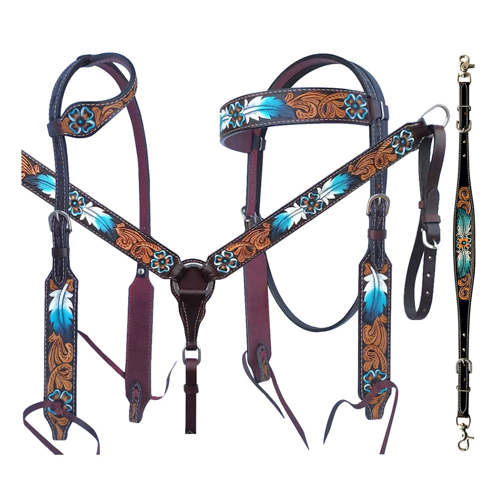 Bar H Equine American Leather Horse Saddle Tack One Ear Headstall | Breast Collar Browband Wither Strap Set for Horses BER117