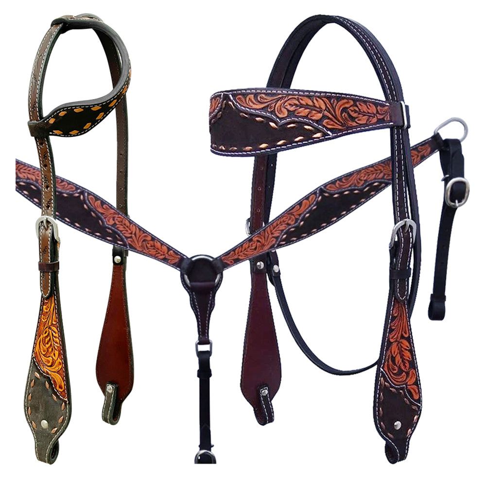 Bar H Equine Horse LeatherLeaf Hand Carved One Ear Headstall Brown