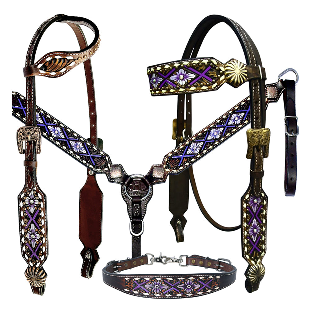 Bar H Equine Genuine Western American Leather Horse Premium Headstall & Breast Collar Set