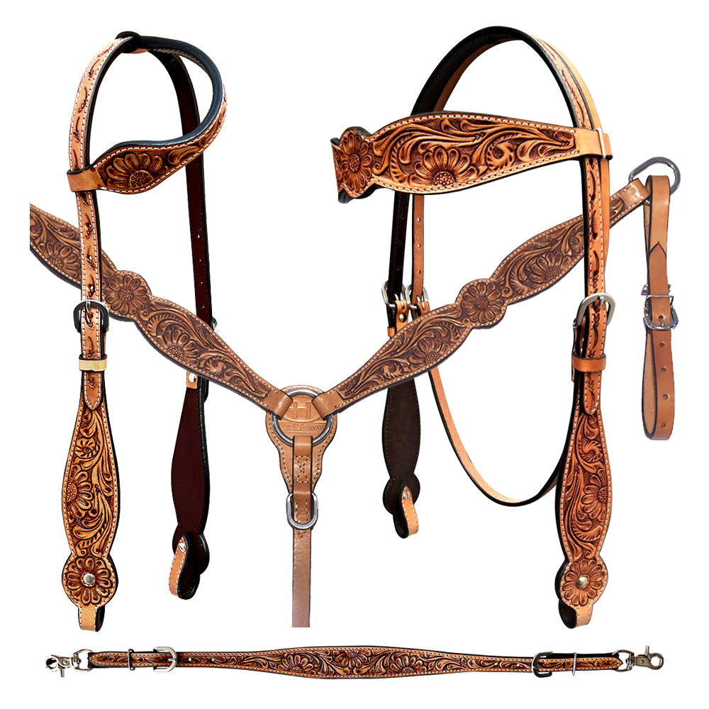 Bar H Equine Genuine Western American Leather Horse Premium Headstall & Breast Collar Set