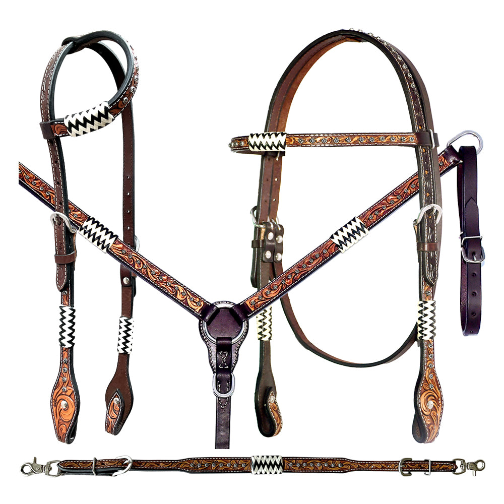 Bar H Equine American Leather Horse Saddle Tack One Ear Headstall | Breast Collar Browband Wither Strap Set BER213