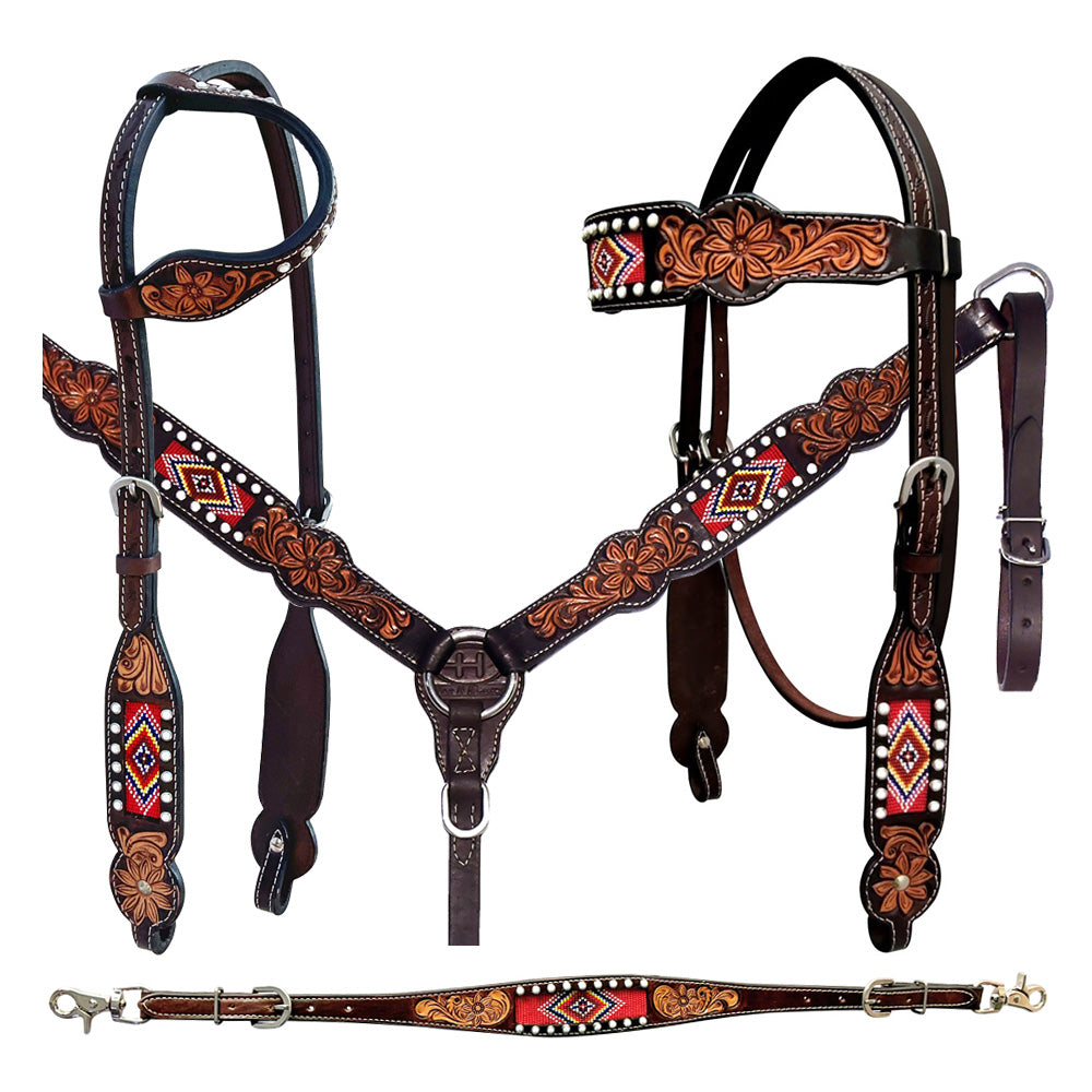 Bar H Equine Genuine Western American Leather Horse Premium Headstall & Breast Collar Set