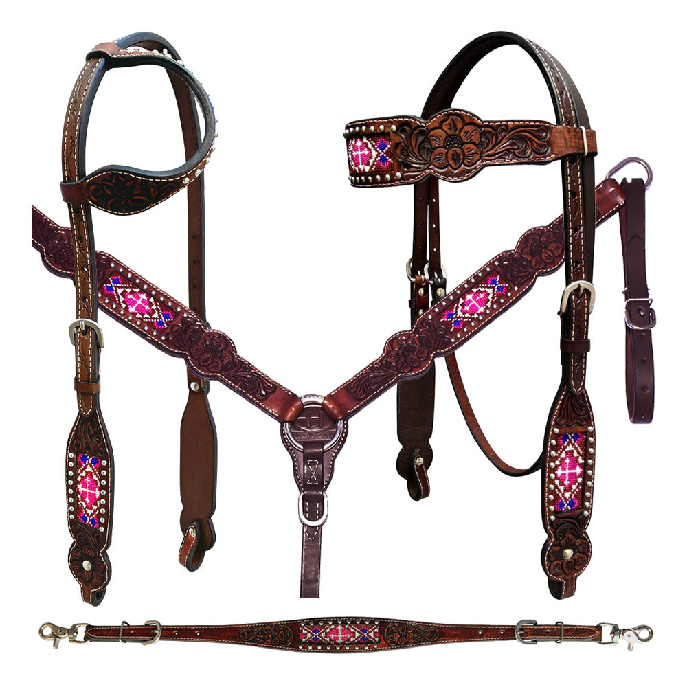 Bar H Equine Genuine Western American Leather Horse Premium Headstall & Breast Collar Set