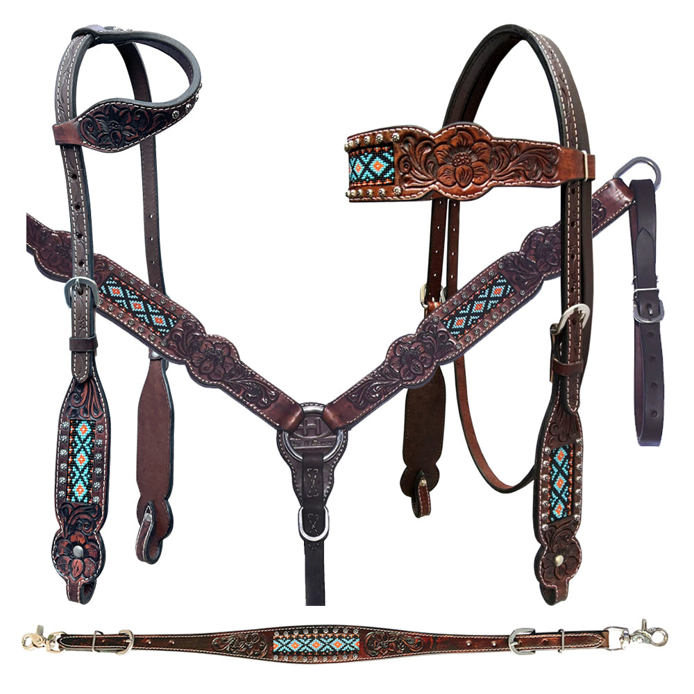 Bar H Equine American Leather Horse Saddle Tack One Ear Headstall | Breast Collar Browband Wither Strap Set BER229