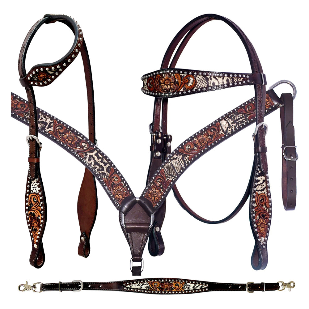 Bar H Equine American Leather Horse Saddle Tack One Ear Headstall | Breast Collar Browband Wither Strap Set BER240