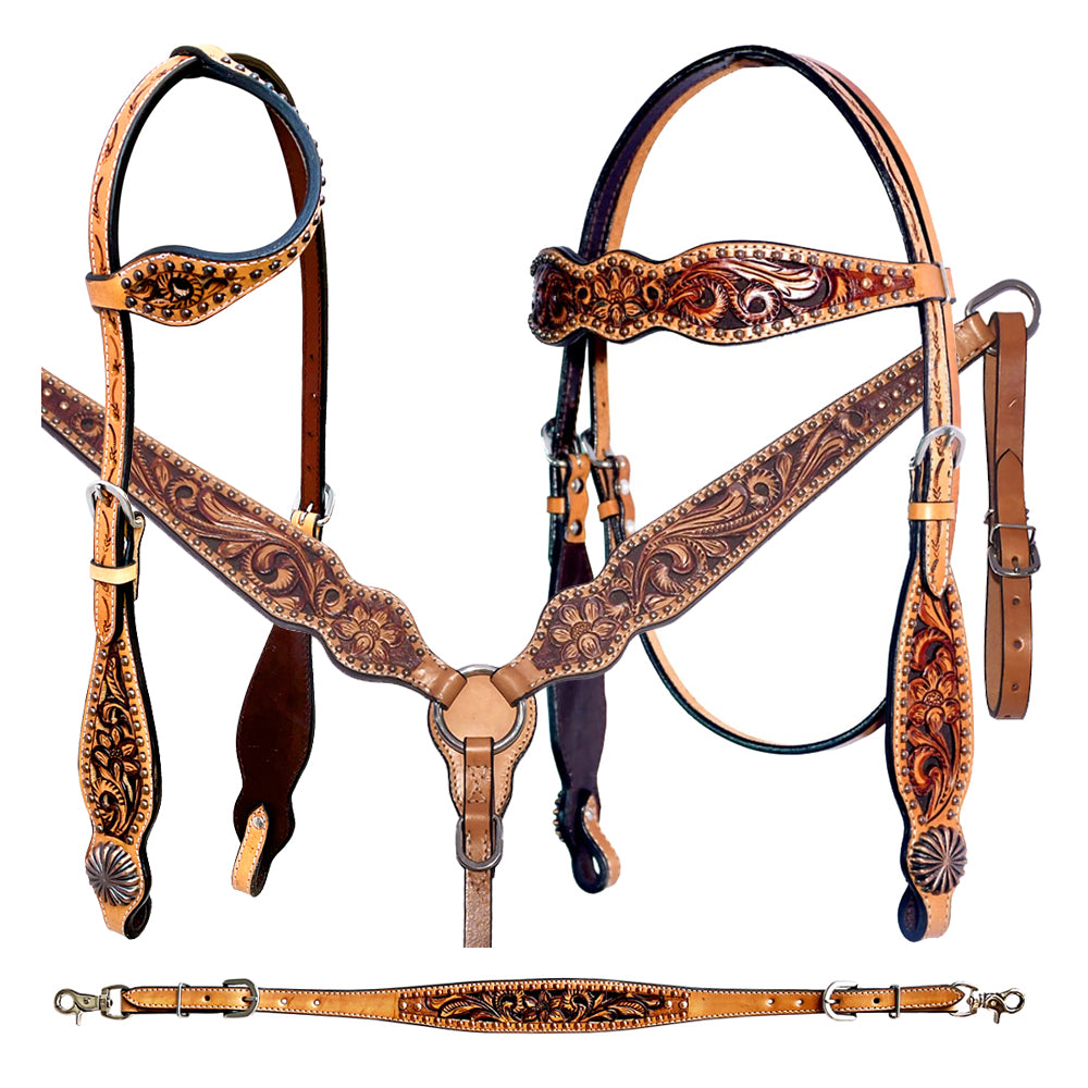 Bar H Equine Genuine Western American Leather Horse Premium Headstall & Breast Collar Set