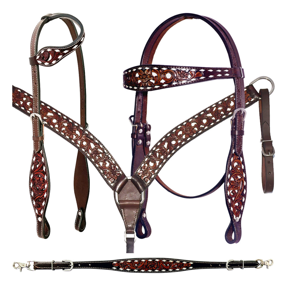 Bar H Equine American Leather Horse Saddle Tack One Ear Headstall | Breast Collar Browband Wither Strap Set BER246