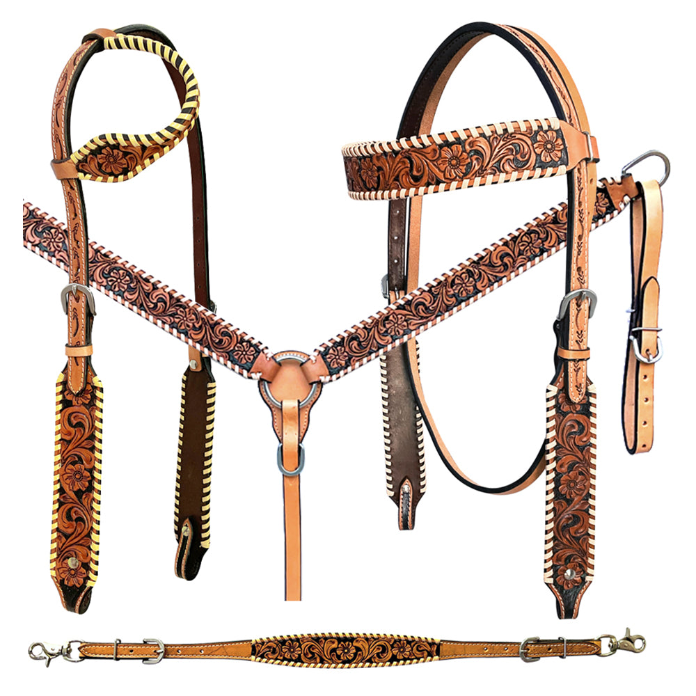 Bar H Equine American Leather Horse Saddle Tack One Ear Headstall | Breast Collar Browband Wither Strap Set BER256