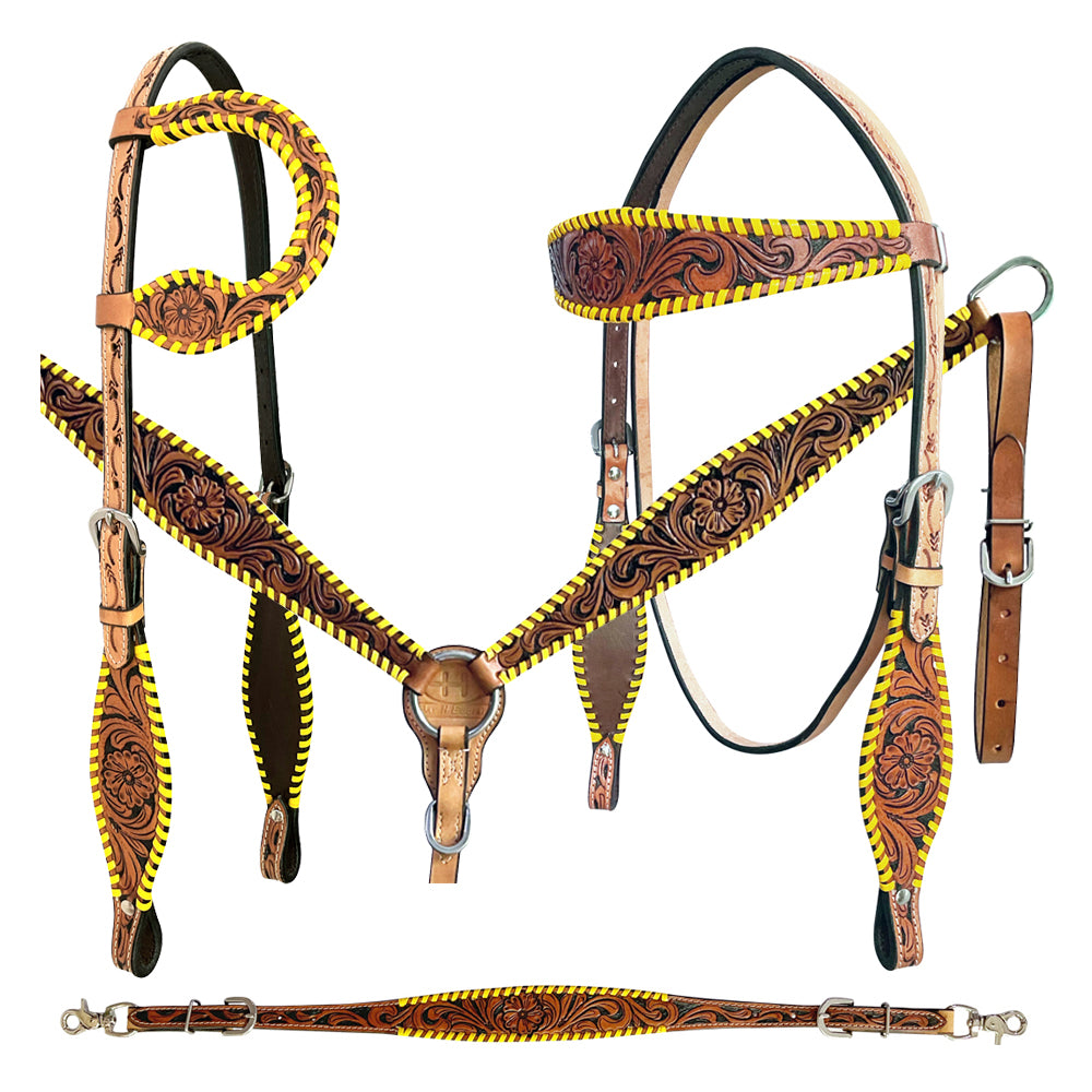 Bar H Equine American Leather Horse Saddle Tack One Ear Headstall | Breast Collar Browband Wither Strap Set BER257