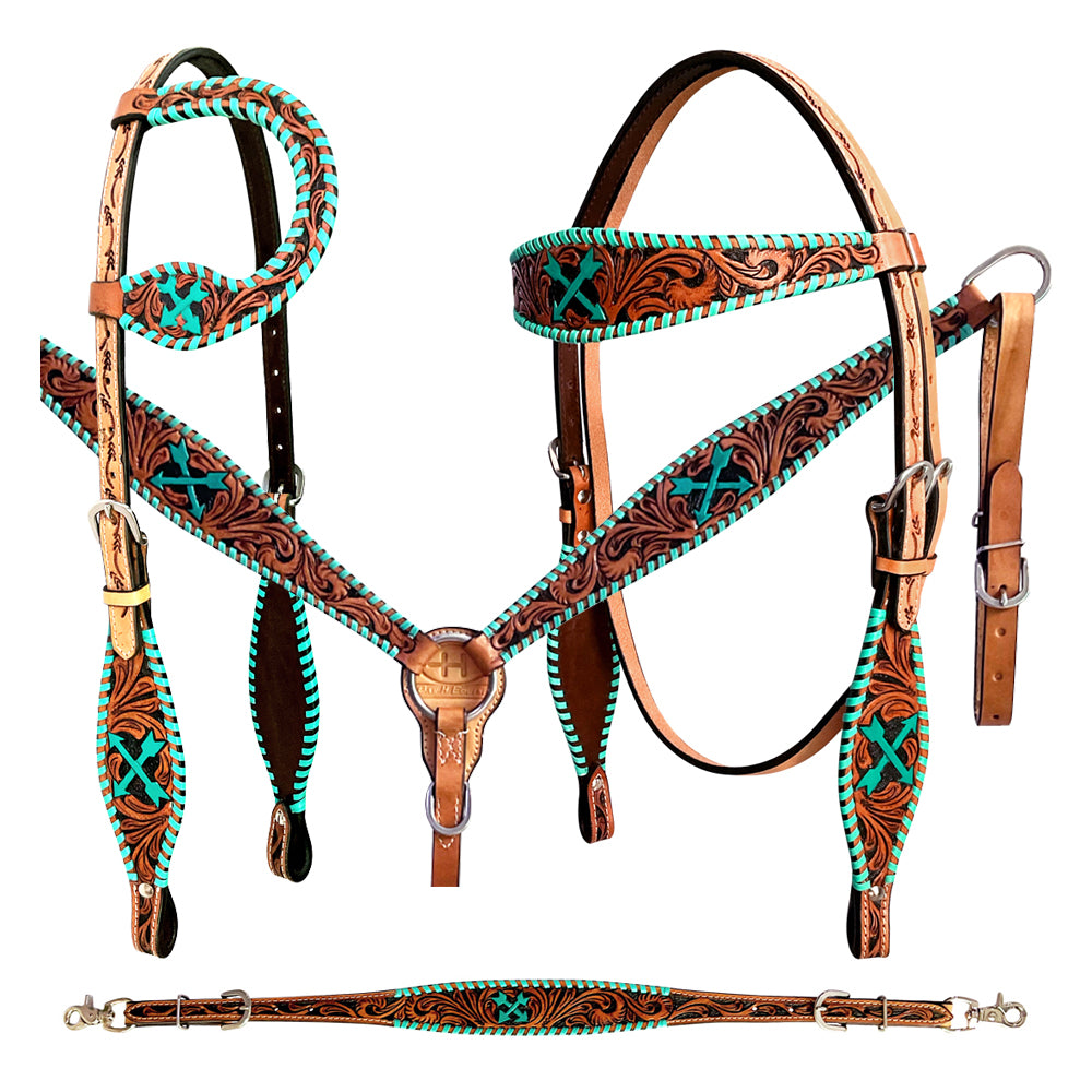 Bar H Equine American Leather Horse Saddle Tack One Ear Headstall | Breast Collar Browband Wither Strap Set BER258