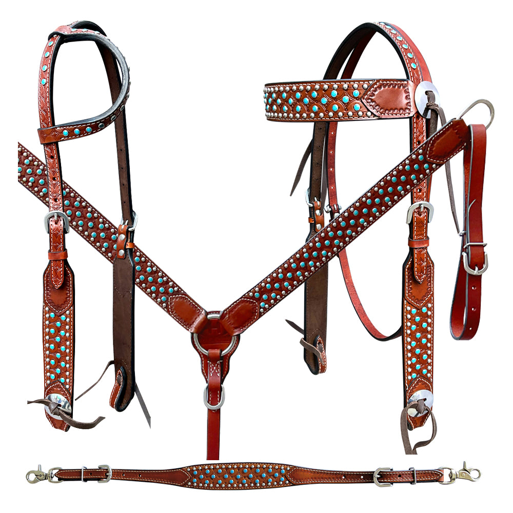 Bar H Equine American Leather Horse Saddle Tack One Ear Headstall | Breast Collar Browband Wither Strap Set BER259
