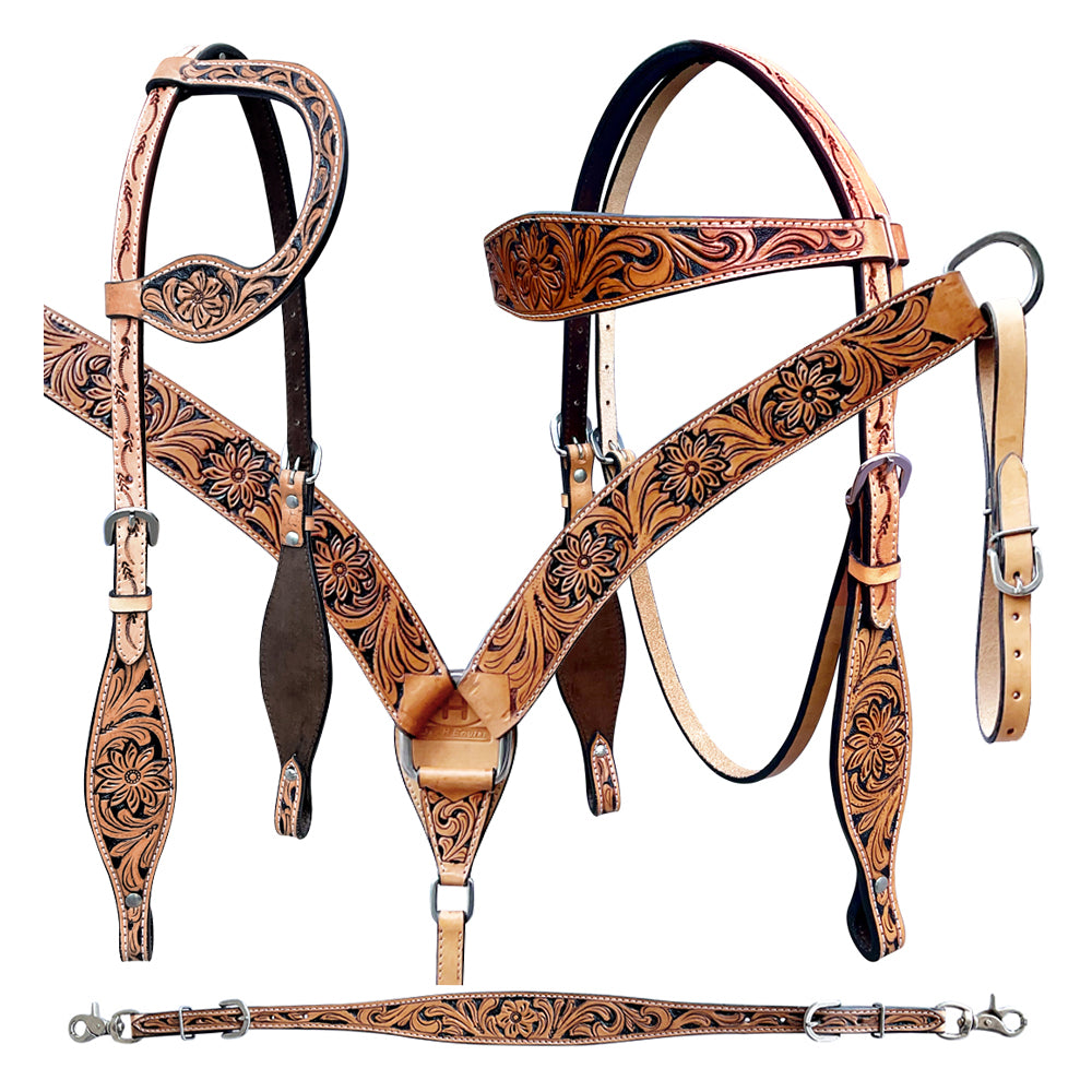 Bar H Equine Genuine Western American Leather Horse Premium Headstall & Breast Collar Set