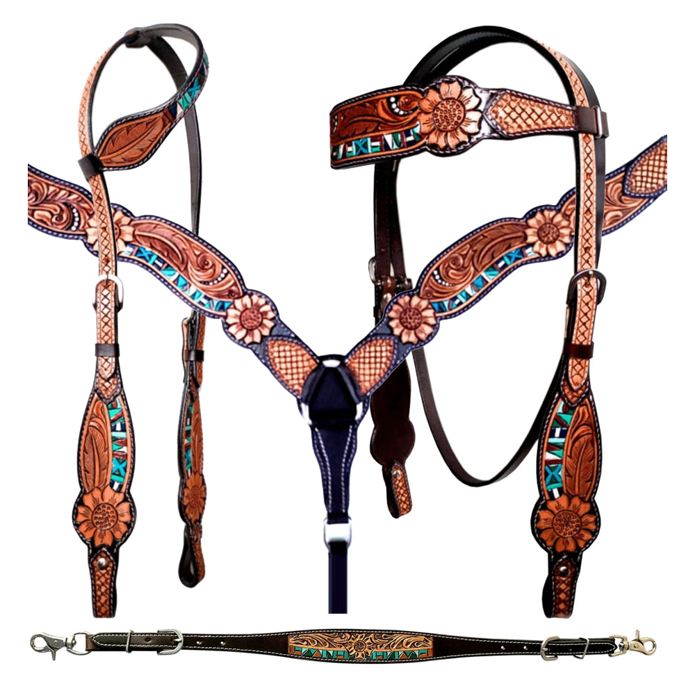 Bar H Equine Genuine Western American Leather Horse Premium Headstall & Breast Collar Set