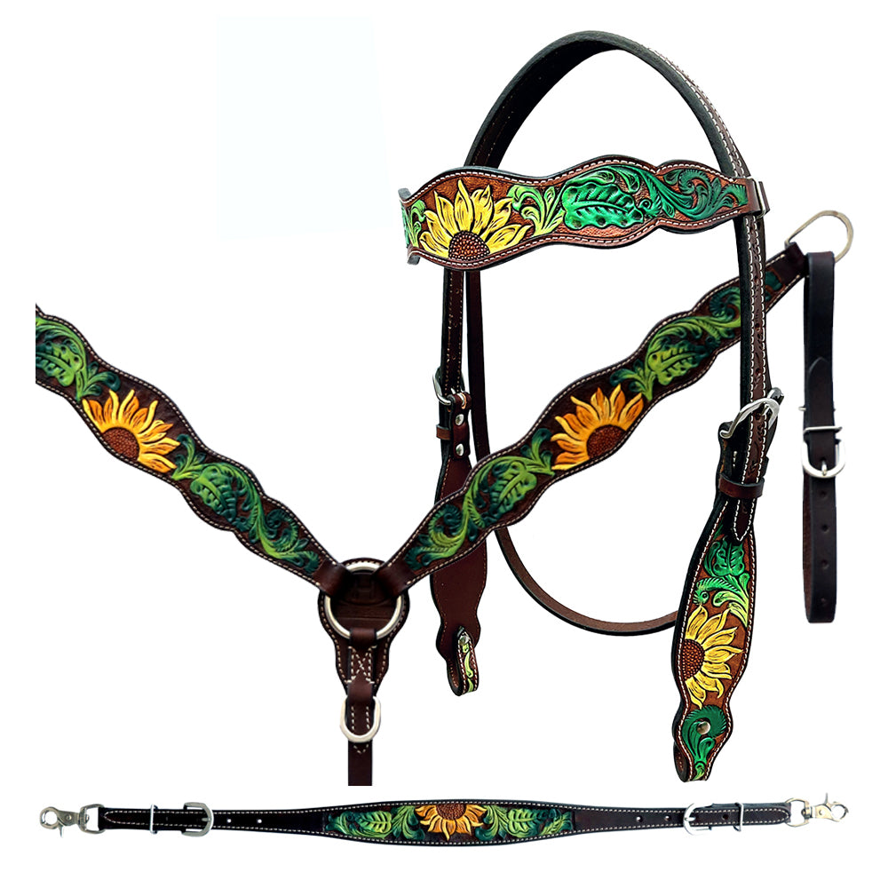 Bar H Equine Horse Genuine Leather Floral Design Hand Painted Tack Set Brown