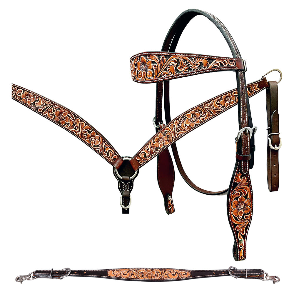 Bar H Equine Genuine Western American Leather Horse Premium Headstall & Breast Collar Set