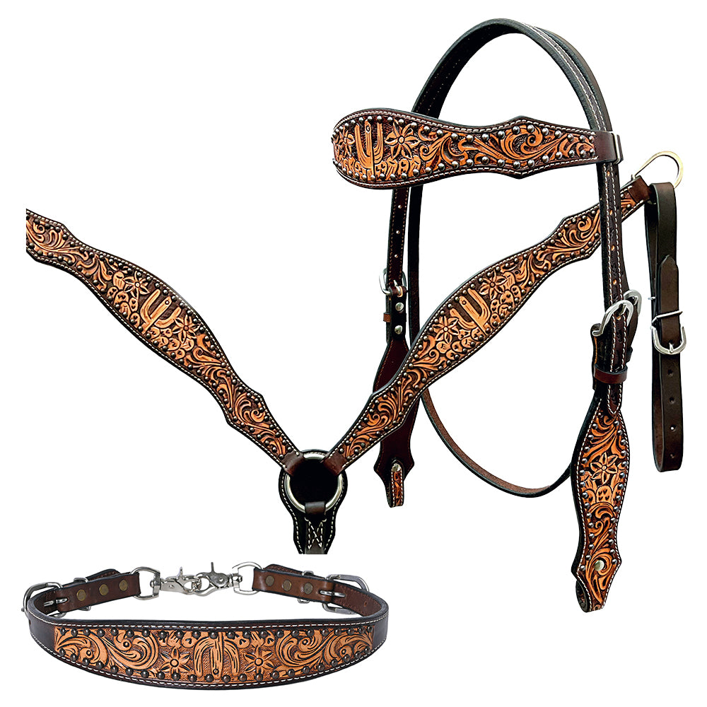 Bar H Equine Genuine Western American Leather Horse Premium Headstall & Breast Collar Set