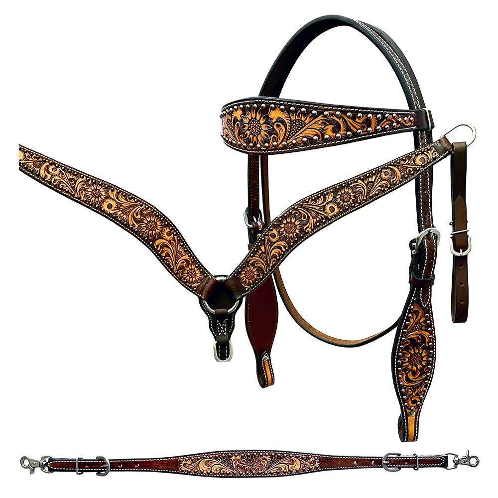 Bar H Equine Genuine Western American Leather Horse Premium Headstall & Breast Collar Set