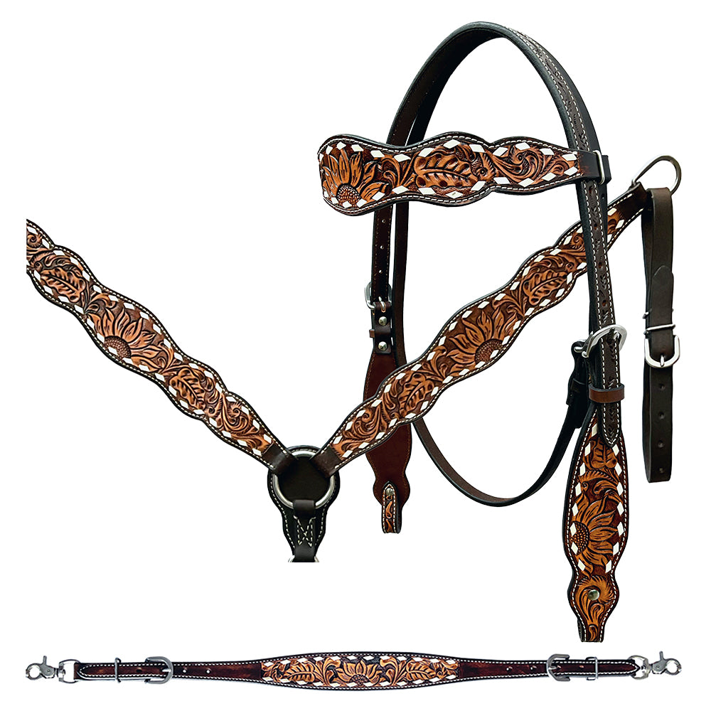 Bar H Equine Genuine Western American Leather Horse Premium Headstall & Breast Collar Set