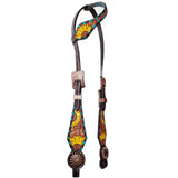 Bar H Equine Horse Leather Pinwheel Sunflower Floral One Ear Headstall Dark Brown - One Ear Headstall