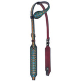 Bar H Equine American Leather Horse Saddle Tack One Ear Headstall Breast Collar Browband Wither Strap Set Turquoise Symmetry - One Ear Headstall