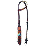 Bar H Equine American Leather Horse Saddle Tack One Ear Headstall Breast Collar Browband Wither Strap Set Turquoise Bloom - One Ear Headstall