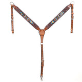 BAR H EQUINE Genuine Horse Western Hand Tooled Leather Breast Collar Beaded Inlay Brown