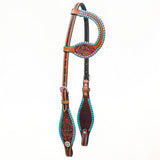 Bar H Equine Western Horse Genuine Leather Floral Design Buckstitch One Ear Headstall Brown