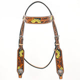Bar H Equine Western Horse Genuine Leather Floral Design Headstall Tan