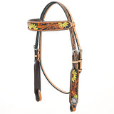Bar H Equine Western Horse Genuine Leather Floral Design Headstall Tan - Light Tan