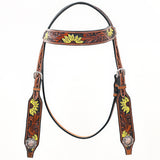 Bar H Equine Western Horse Genuine Leather Floral Design Headstall Tan