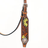 Bar H Equine Western Horse Genuine Leather Floral Design Headstall Tan