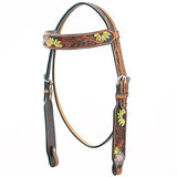 Bar H Equine Western Horse Genuine Leather Floral Design Headstall Tan