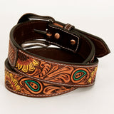 BAR H EQUINE Brown Sunflower Floral Hand Painted Genuine Leather Men & Women Belt Unisex Western with Removable Buckle