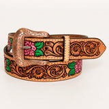 Bar H Equine Hand Tooled Genuine Leather Crafted Tan Unisex Western Belt with Floral Carving Tooling Men & Women - Large