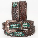 BAR H EQUINE Brown Natural Floral Hand Painted Carved Fashion Premium Leather Belt Unisex Western with Removable Buckle - Large