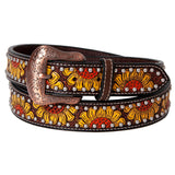 BAR H EQUINE Brown Sunflower Floral Hand Painted Carved Fashion Premium Leather Belt Unisex Western - Medium