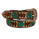 BAR H EQUINE Brown Turquoise Flower Hand Carved Fashion Premium Leather Belt Unisex Western with Removable Buckle - Large