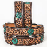 BAR H EQUINE Turquoise Flower Hand Painted Western Leather Men And Women Belt Brown