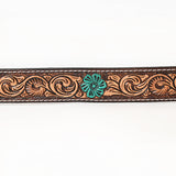 BAR H EQUINE Turquoise Flower Hand Painted Western Leather Men And Women Belt Brown