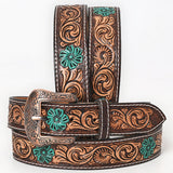 Bar H Equine Hand Painted Genuine Leather Tooled Brown Unisex Western Belt with Floral Carving Tooling | fo - Small