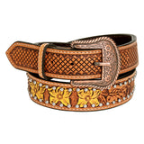 BAR H EQUINE Tan Daffodil Floral Hand Painted Carved Fashion Premium Leather Belt Unisex Western with Removable Buckle - Large