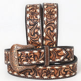 BAR H EQUINE Brown Floral Hand Tooled Fashion Premium Leather Belt Unisex Western with Removable Buckle - Large
