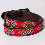 BAR H EQUINE Red Beaded Black Crystal Hand Carved Western Leather Belt Antique Brown