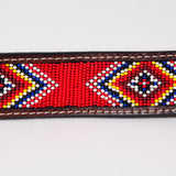 BAR H EQUINE Red Beaded Black Crystal Hand Carved Western Leather Belt Antique Brown