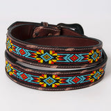 BAR H EQUINE Beaded Crystal Basket Tooled Hand Carved Western Leather Men And Women Belt Antique Brown